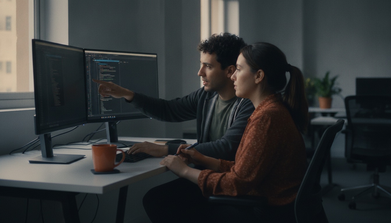 Two Viaro software engineers pair reviewing code